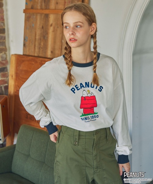 PEANUTS(ピーナッツ)の「【PEANUTS / SNOOPY】別注 ピーナッツ スヌーピー ヴィンテージプリントリンガー長袖Tシャツ(Tシャツ/カットソー・レディース・ネイビー系2/ネイビー系/チャコールグレー/ブラック系/スミクロ/ネイビー・FREE)」の22枚目の写真