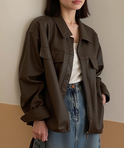 cammie(キャミー)の「フェイクレザーシャツ(シャツ/ブラウス・レディース・ブラック/ブラウン・L/M)」の1枚目の写真