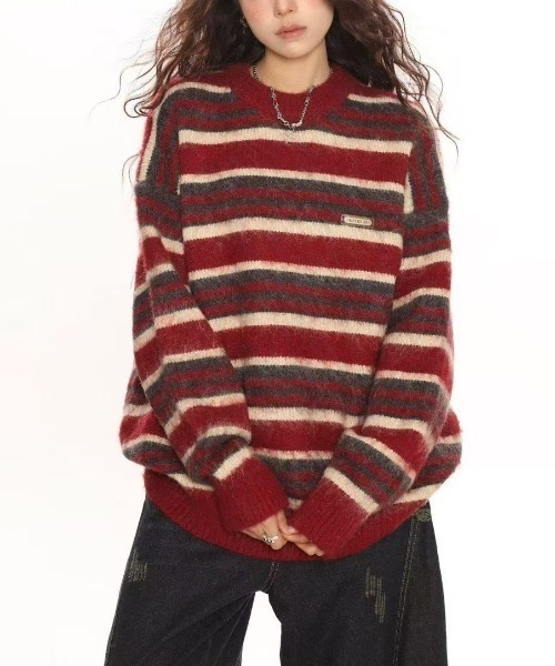 【mici】モヘアニットプルオーバー　ボーダー　FREE 美品 セール】モヘアタッチマルチボーダーニットプルオーバー（ニット