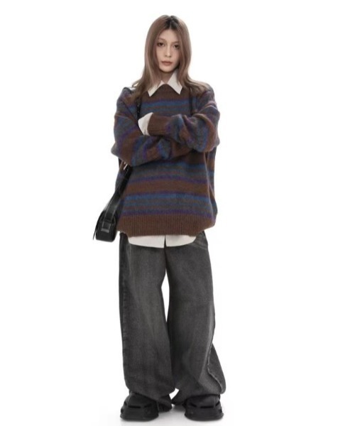 セール】モヘアタッチマルチボーダーニットプルオーバー（ニット