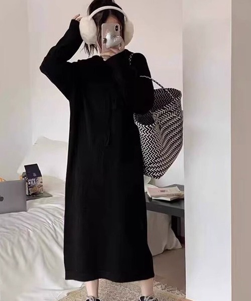 lulufa(ルルファ)の「フード付き ニットロングワンピース 長袖/ 新生活 ルームウェア ゆるシルエット 韓国(ワンピース・レディース・ブラック/アイボリー/グレー・FREE)」の5枚目の写真