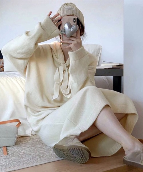 lulufa(ルルファ)の「フード付き ニットロングワンピース 長袖/ 新生活 ルームウェア ゆるシルエット 韓国(ワンピース・レディース・ブラック/アイボリー/グレー・FREE)」の21枚目の写真