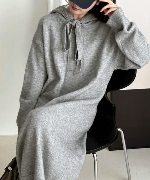 lulufa(ルルファ)の「フード付き ニットロングワンピース 長袖/ 新生活 ルームウェア ゆるシルエット 韓国(ワンピース・レディース・ブラック/アイボリー/グレー・FREE)」の19枚目の写真