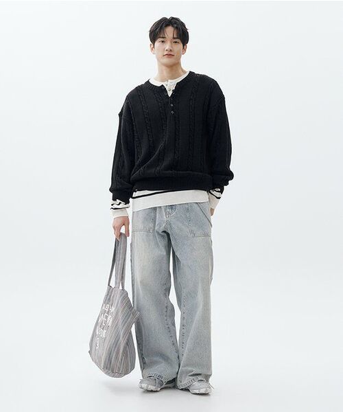 NODU（ノードユー）の「マイルドヘンリーネックラウンドニットTシャツ[ブラック]（Tシャツ/カットソー・メンズ・その他・MEDIUM/LARGE）」の8枚目の写真