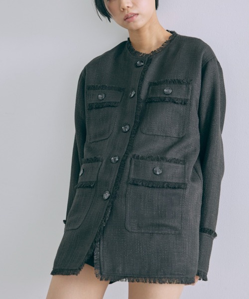 EN NEUME(エンノイム)の「Classic Tweed Over Jacket(ノーカラージャケット・レディース・ブラック/アイボリー/ブラウン・FREE)」の14枚目の写真