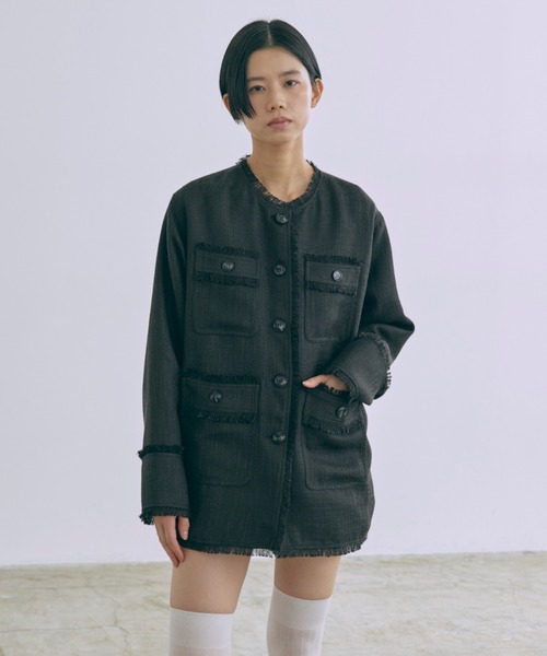 EN NEUME(エンノイム)の「Classic Tweed Over Jacket(ノーカラージャケット・レディース・ブラック/アイボリー/ブラウン・FREE)」の15枚目の写真