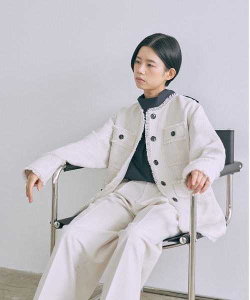 EN NEUME(エンノイム)の「Classic Tweed Over Jacket(ノーカラージャケット・レディース・ブラック/アイボリー/ブラウン・FREE)」の4枚目の写真