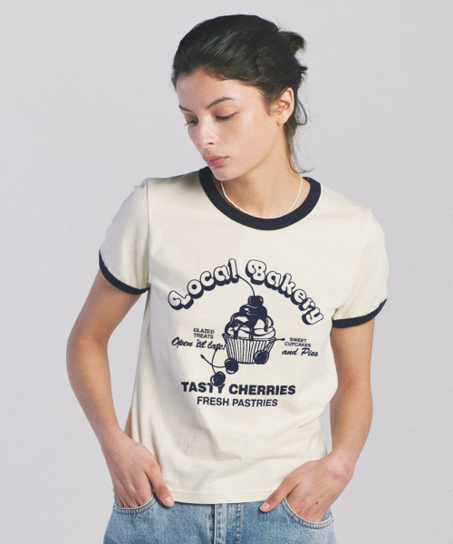 PAPERBOY(ペーパーボーイ)の「チェリーリンガー半袖Tシャツ-ネイビー(Tシャツ/カットソー・レディース・その他・SMALL/MEDIUM)」の1枚目の写真