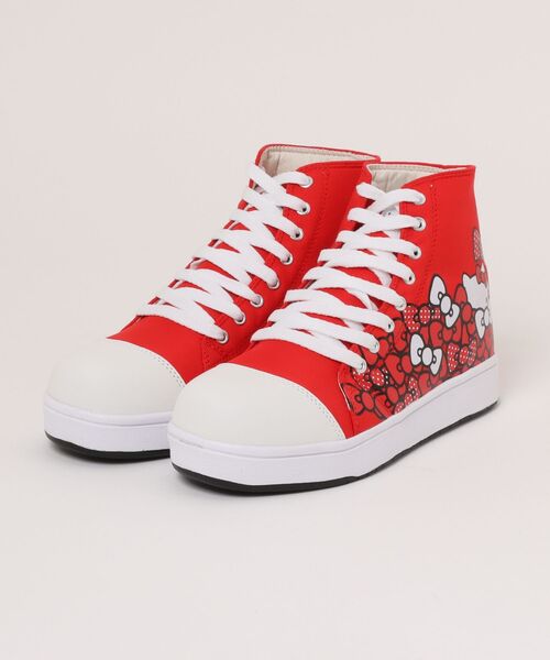 VIBGYOR(ヴィブジョー)の「【Sanrio】HELLO KITTYキャンバスハイカットワークスニーカー(MA)(スニーカー・レディース・グレー/レッド・23/23.5/24/24.5/25/22.5)」の1枚目の写真
