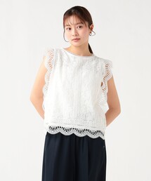 【洗濯可・上品な透け感】マルチレース ノーカラー プルオーバー