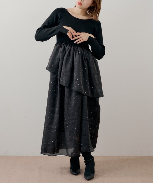 Chico(チコ)の「【SALON by Chico】パール付きドッキングタックボリュームワンピース(ワンピース・レディース・ブラック/アイボリー/ブラック系その他・FREE)」の3枚目の写真