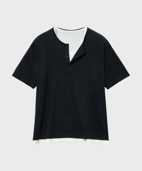 NOIRER（ノイア）の「レイヤードヘンリーネックハーフスリーブTシャツ（ブラックアイボリー）（Tシャツ/カットソー・メンズ・その他・48/50/52）」の7枚目の写真