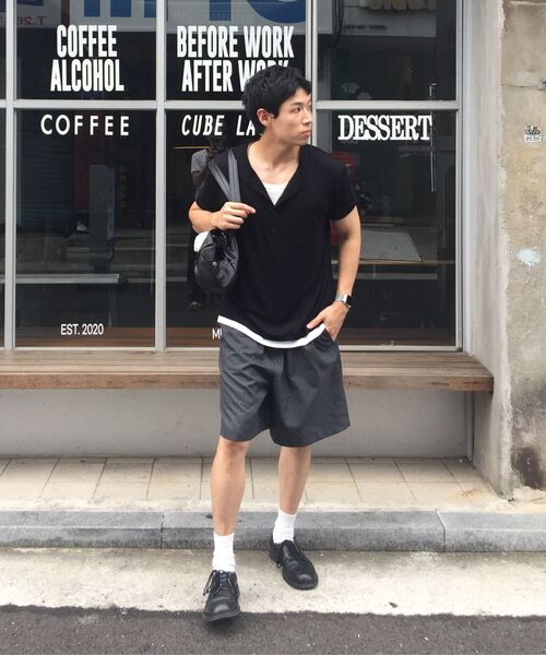 NOIRER（ノイア）の「レイヤードヘンリーネックハーフスリーブTシャツ（ブラックアイボリー）（Tシャツ/カットソー・メンズ・その他・48/50/52）」の2枚目の写真