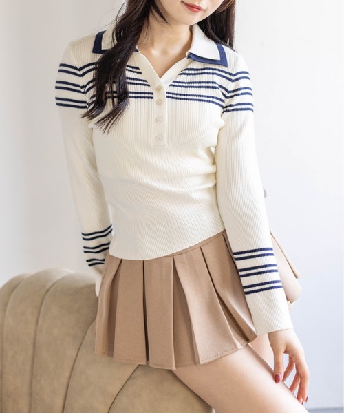 clear（クリア）の「ダブルカラーラインポロニット[カジュアル 着回し抜群 大人]（ニット/セーター・レディース・レッド/ネイビー/グレー/アイボリー・F）」の2枚目の写真