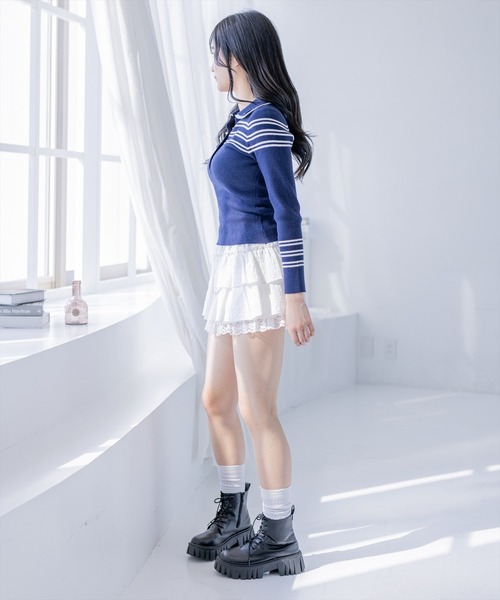 clear（クリア）の「ダブルカラーラインポロニット[カジュアル 着回し抜群 大人]（ニット/セーター・レディース・レッド/ネイビー/グレー/アイボリー・F）」の19枚目の写真