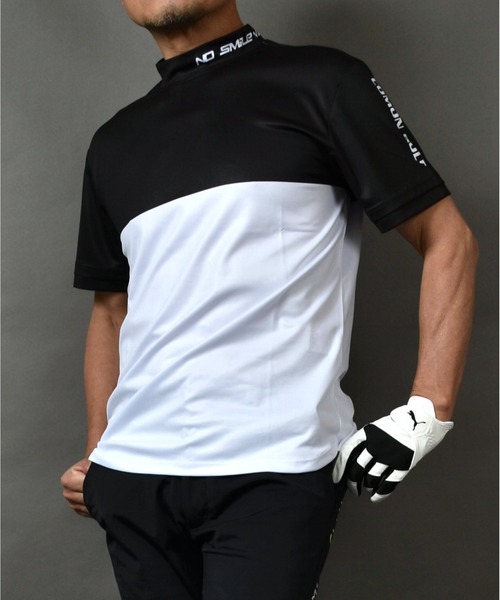 COMON GOLF(コモンゴルフ)の「DRY素材バイカラーモックネック半袖シャツ(Tシャツ/カットソー・メンズ・ブラック/カーキ/グレー・L/XL/XXL/M)」の1枚目の写真