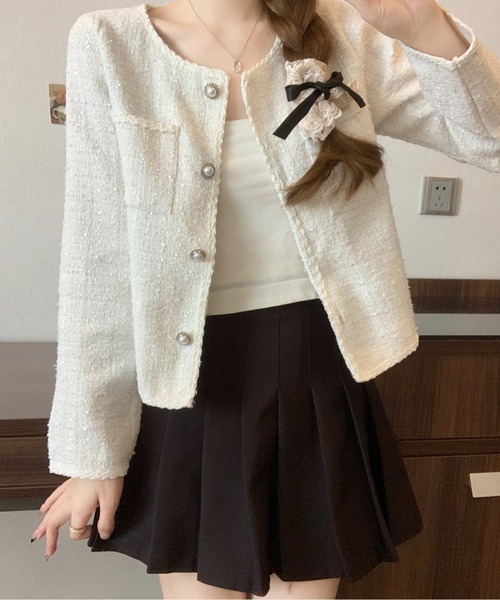 AMAJI(アマジ)の「ノーカラーツイードジャケット(ノーカラーコート・レディース・ホワイト/ブルー・LARGE/MEDIUM/SMALL/X-LARGE)」の3枚目の写真