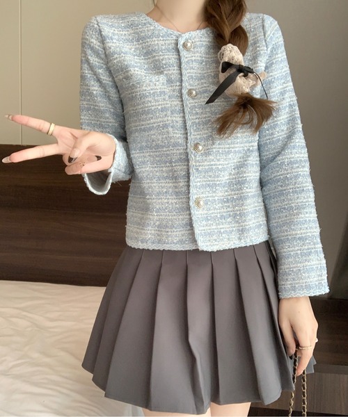 AMAJI(アマジ)の「ノーカラーツイードジャケット(ノーカラーコート・レディース・ホワイト/ブルー・LARGE/MEDIUM/SMALL/X-LARGE)」の6枚目の写真
