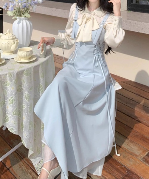 LUCPY(ラクピー)の「レースアップアシンメトリーフレアサスワンピース(ワンピース・レディース・ブルー・LARGE/MEDIUM/SMALL/X-LARGE)」の4枚目の写真