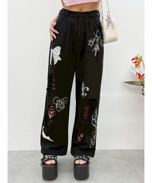 EVRIS(エヴリス)の「グラフィックデザインウラケワイドパンツ(スウェットパンツ・レディース・グレー/ブラック/ホワイト・SMALL/MEDIUM)」の2枚目の写真