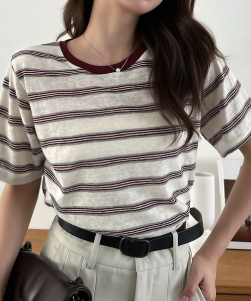 Eclat one(エクラワン)の「【Eclat one】マルチボーダー クルーネック 半袖 トップス(Tシャツ/カットソー・レディース・レッド/ブルー/ブラック・FREE)」の3枚目の写真