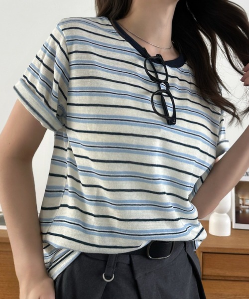 Eclat one(エクラワン)の「【Eclat one】マルチボーダー クルーネック 半袖 トップス(Tシャツ/カットソー・レディース・レッド/ブルー/ブラック・FREE)」の1枚目の写真