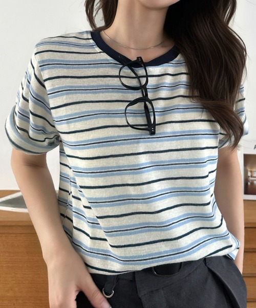 Eclat one(エクラワン)の「【Eclat one】マルチボーダー クルーネック 半袖 トップス(Tシャツ/カットソー・レディース・レッド/ブルー/ブラック・FREE)」の8枚目の写真