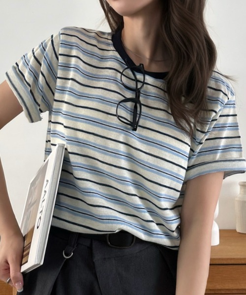 Eclat one(エクラワン)の「【Eclat one】マルチボーダー クルーネック 半袖 トップス(Tシャツ/カットソー・レディース・レッド/ブルー/ブラック・FREE)」の9枚目の写真