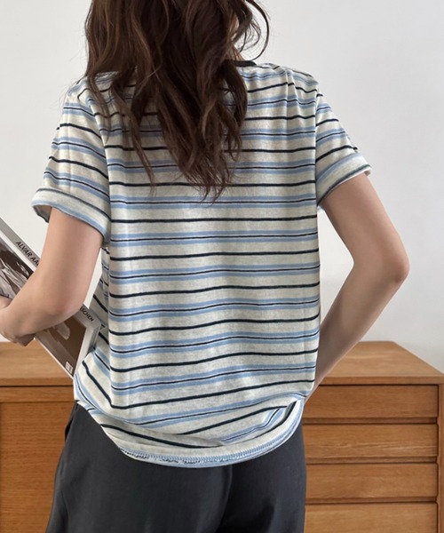 Eclat one(エクラワン)の「【Eclat one】マルチボーダー クルーネック 半袖 トップス(Tシャツ/カットソー・レディース・レッド/ブルー/ブラック・FREE)」の10枚目の写真