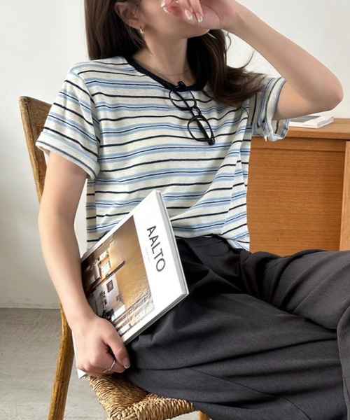 Eclat one(エクラワン)の「【Eclat one】マルチボーダー クルーネック 半袖 トップス(Tシャツ/カットソー・レディース・レッド/ブルー/ブラック・FREE)」の12枚目の写真