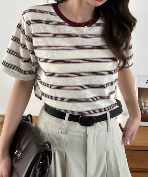 Eclat one(エクラワン)の「【Eclat one】マルチボーダー クルーネック 半袖 トップス(Tシャツ/カットソー・レディース・レッド/ブルー/ブラック・FREE)」の4枚目の写真