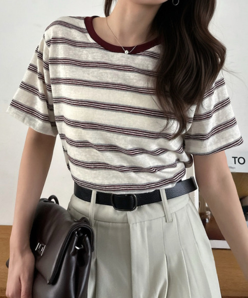 Eclat one(エクラワン)の「【Eclat one】マルチボーダー クルーネック 半袖 トップス(Tシャツ/カットソー・レディース・レッド/ブルー/ブラック・FREE)」の7枚目の写真