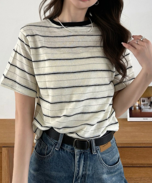 Eclat one(エクラワン)の「【Eclat one】マルチボーダー クルーネック 半袖 トップス(Tシャツ/カットソー・レディース・レッド/ブルー/ブラック・FREE)」の13枚目の写真