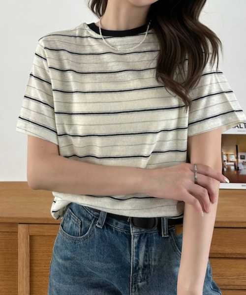 Eclat one(エクラワン)の「【Eclat one】マルチボーダー クルーネック 半袖 トップス(Tシャツ/カットソー・レディース・レッド/ブルー/ブラック・FREE)」の14枚目の写真