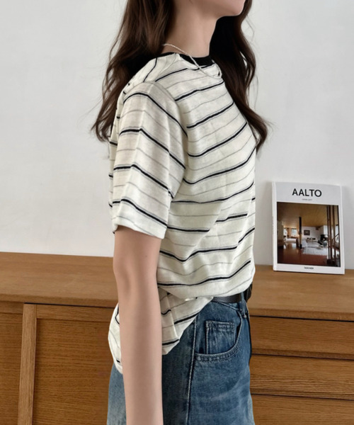 Eclat one(エクラワン)の「【Eclat one】マルチボーダー クルーネック 半袖 トップス(Tシャツ/カットソー・レディース・レッド/ブルー/ブラック・FREE)」の15枚目の写真