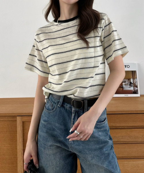 Eclat one(エクラワン)の「【Eclat one】マルチボーダー クルーネック 半袖 トップス(Tシャツ/カットソー・レディース・レッド/ブルー/ブラック・FREE)」の17枚目の写真