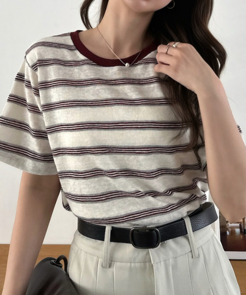 Eclat one(エクラワン)の「【Eclat one】マルチボーダー クルーネック 半袖 トップス(Tシャツ/カットソー・レディース・レッド/ブルー/ブラック・FREE)」の20枚目の写真