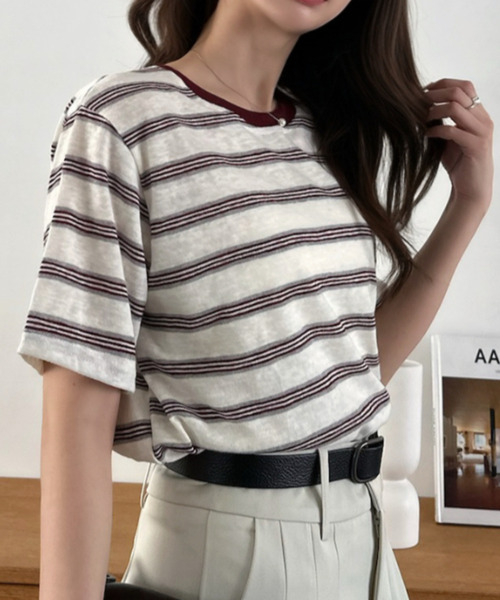 Eclat one(エクラワン)の「【Eclat one】マルチボーダー クルーネック 半袖 トップス(Tシャツ/カットソー・レディース・レッド/ブルー/ブラック・FREE)」の19枚目の写真