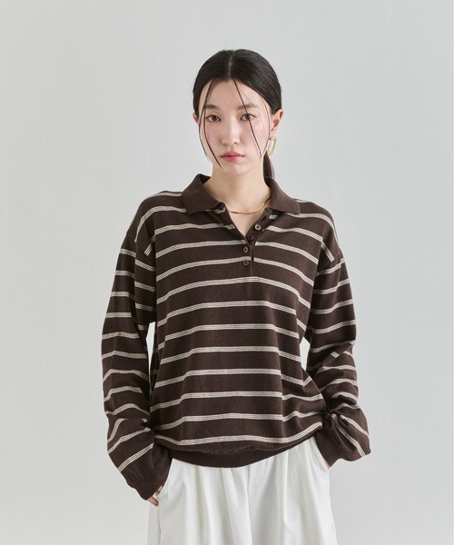 NUJOH(ヌゾ)の「Stripe Polo Sweat Top / ボーダーポロスウェットトップス(Tシャツ/カットソー・レディース・ブラウン/ブルー/グレー・FREE)」の2枚目の写真