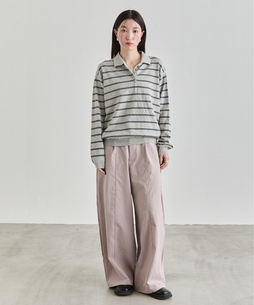 NUJOH(ヌゾ)の「Stripe Polo Sweat Top / ボーダーポロスウェットトップス(Tシャツ/カットソー・レディース・ブラウン/ブルー/グレー・FREE)」の1枚目の写真