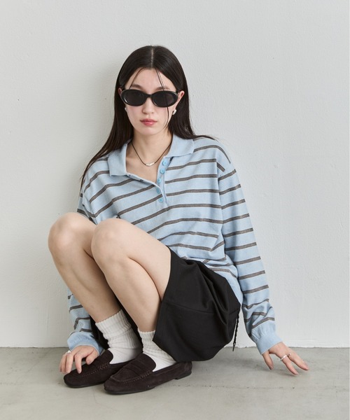 NUJOH(ヌゾ)の「Stripe Polo Sweat Top / ボーダーポロスウェットトップス(Tシャツ/カットソー・レディース・ブラウン/ブルー/グレー・FREE)」の3枚目の写真
