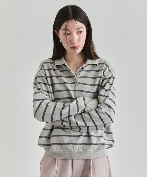 NUJOH(ヌゾ)の「Stripe Polo Sweat Top / ボーダーポロスウェットトップス(Tシャツ/カットソー・レディース・ブラウン/ブルー/グレー・FREE)」の7枚目の写真