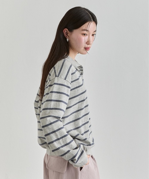 NUJOH(ヌゾ)の「Stripe Polo Sweat Top / ボーダーポロスウェットトップス(Tシャツ/カットソー・レディース・ブラウン/ブルー/グレー・FREE)」の6枚目の写真