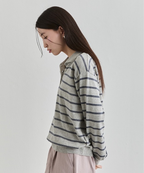 NUJOH(ヌゾ)の「Stripe Polo Sweat Top / ボーダーポロスウェットトップス(Tシャツ/カットソー・レディース・ブラウン/ブルー/グレー・FREE)」の8枚目の写真