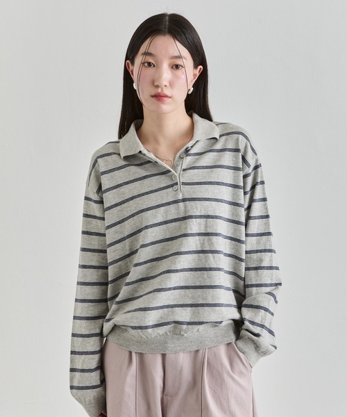 NUJOH(ヌゾ)の「Stripe Polo Sweat Top / ボーダーポロスウェットトップス(Tシャツ/カットソー・レディース・ブラウン/ブルー/グレー・FREE)」の4枚目の写真