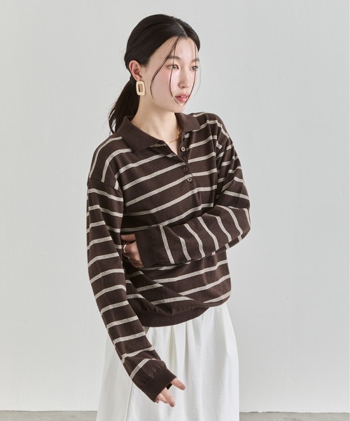 NUJOH(ヌゾ)の「Stripe Polo Sweat Top / ボーダーポロスウェットトップス(Tシャツ/カットソー・レディース・ブラウン/ブルー/グレー・FREE)」の19枚目の写真