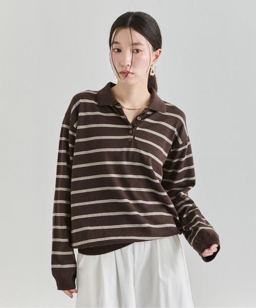 NUJOH(ヌゾ)の「Stripe Polo Sweat Top / ボーダーポロスウェットトップス(Tシャツ/カットソー・レディース・ブラウン/ブルー/グレー・FREE)」の17枚目の写真