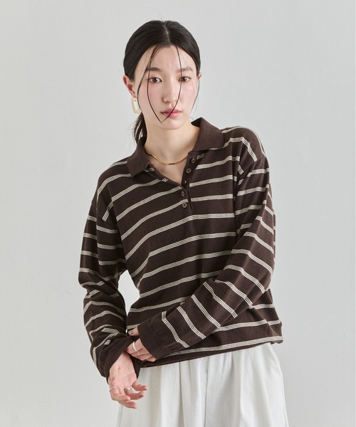 NUJOH(ヌゾ)の「Stripe Polo Sweat Top / ボーダーポロスウェットトップス(Tシャツ/カットソー・レディース・ブラウン/ブルー/グレー・FREE)」の18枚目の写真