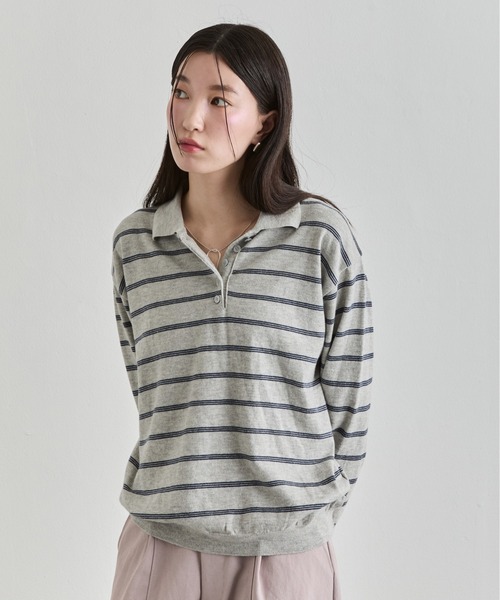 NUJOH(ヌゾ)の「Stripe Polo Sweat Top / ボーダーポロスウェットトップス(Tシャツ/カットソー・レディース・ブラウン/ブルー/グレー・FREE)」の5枚目の写真
