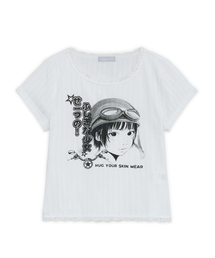 HUG YOUR SKIN（ハグユアスキン）の「ギークガールプリントレーストップ（ホワイト）（Tシャツ/カットソー）」